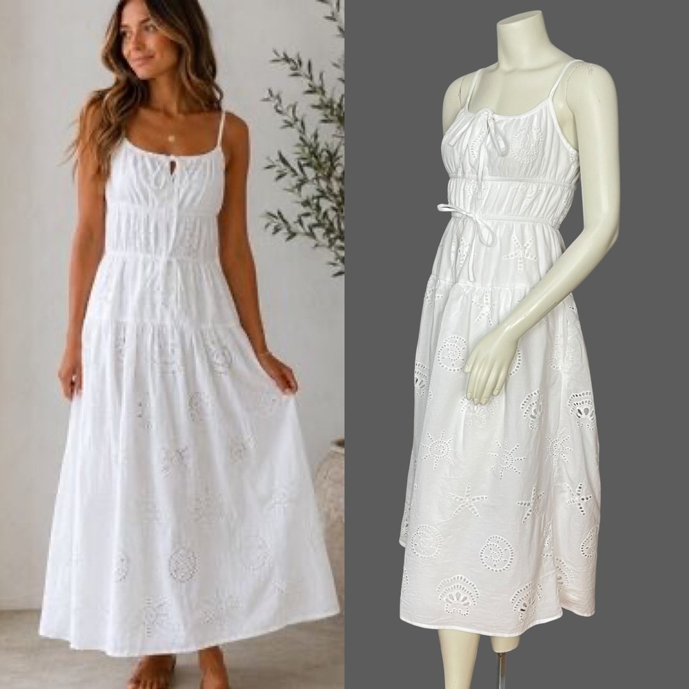 Sim & Sam Eyelet Dress Beachy Seashell Sun Star Nautical White Milkmaid Pockets
